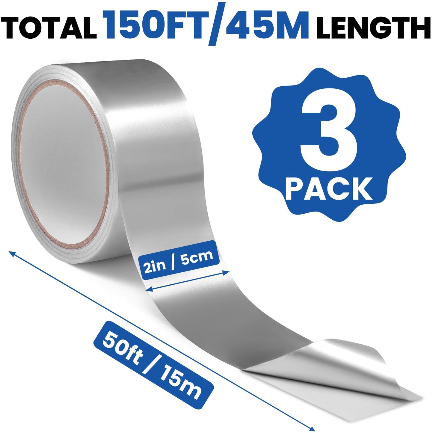 NUITPY 3 Pack Aluminum Foil Tape, 3.9 mil 2" x 150 Feet Total Foil Tape, Silver High Temperature Tape, Metal Tapes, Seal HVAC Tape, Insulation Foil Tape for Ductwork, HVAC, Dryer Vent, Seal