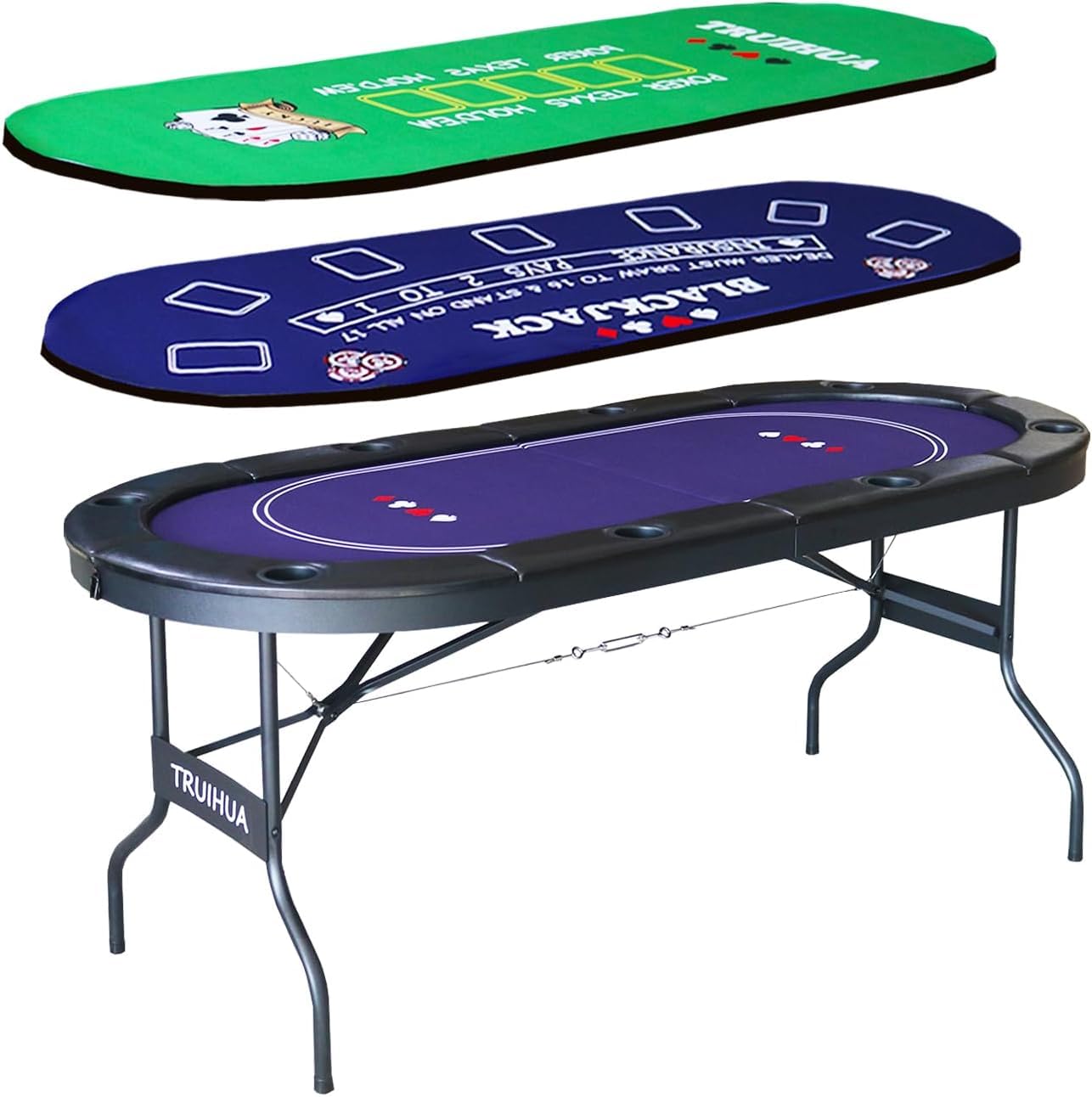 8 Player Folding Poker Table with 2 Interchangeable Game mats, Texas Holdem Poker and Blackjack, Collapsible Casino Table with Padded Rails and XXL Cup Holders for Wine and Whiskey Glasses (71 inch)