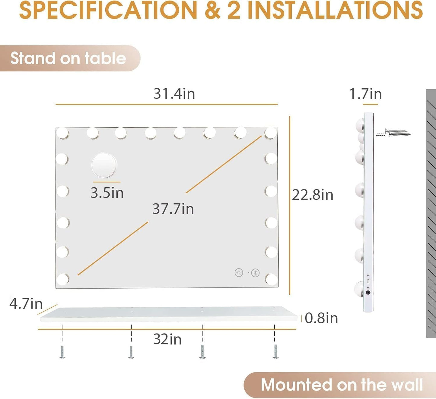 Hansong Vanity Mirror with Lights and Bluetooth Speaker 32"x 22.8" Hollywood Makeup Mirror with 18 LED Bulbs, Large Lighted Mirror with 3 Color Modes, USB Charging, 10x Magnification, Tempered Glass