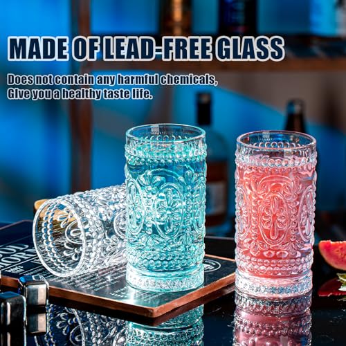 Claplante Vintage Drinking Glasses Set - 12 Pcs Romantic Highball Tumblers, 15oz Cups for Water, Mojito, Cocktail, Whiske...
