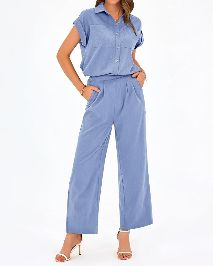PRETTYGARDEN Womens 2 Piece sets Summer Cap Sleeve Tops Palazzo Pants Dressy Casual Vacation Travel Outfits Tracksuits