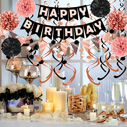 FECEDY Rose Gold Black Theme Happy Birthday Banner Flag Bunting Paper Circle Confetti Garland Swirl Streamers Honeycomb Ba...
