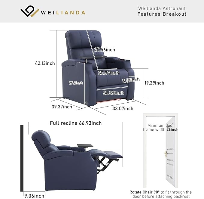 Weilianda Home Theater Seating, Top Grain Leather Sectional Seats Recliner Chair, Zero Gravity Reclining Sofa with Power Headrest 7 Colors Ambient Lighting USB C Charge Row of 1 Blue