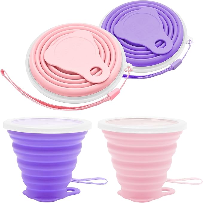 Litoexpe 2 Pack Silicone Collapsible Travel Cup Portable Folding Camping Cup Sets with Lids, Pink & Purple, Capacity 9.22o...