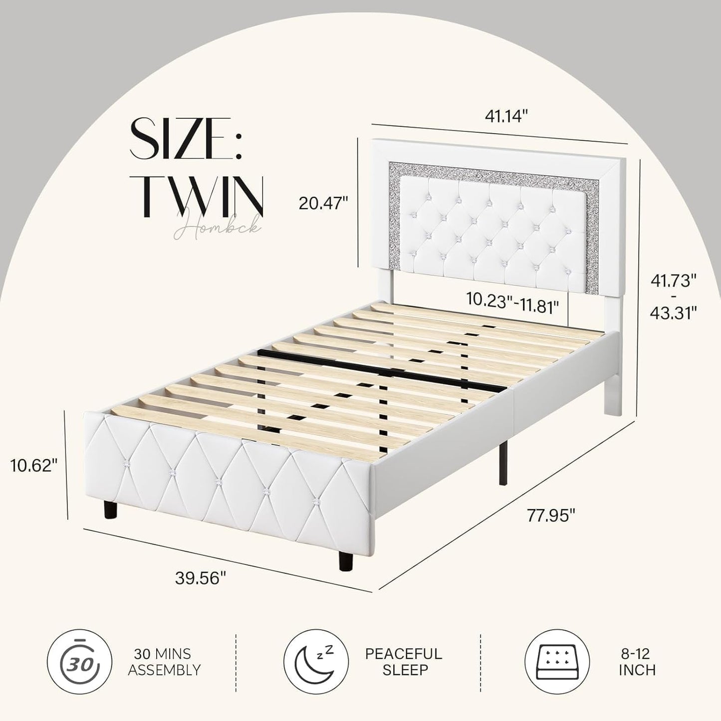 HOMBCK Twin Bed Frame with Diamond Headboard, Faux Leather Upholstered Platform Bed, Mattress Foundation, No Box Spring Needed, Easy Assembly, Pearlized White