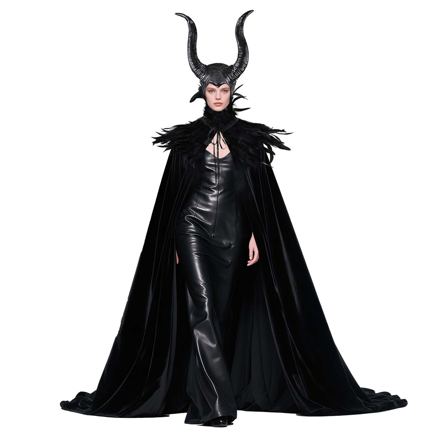 MAOFENG Women's Gothic Evil Queen Costume Demon Horns with Black Feather Collar Velvet Cloak Set for Halloween Cosplay Party