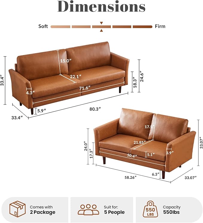 Kingfun Living Room Furniture Sets, 3 Seater Sofa and Loveseat, Mid Century Modern Sofa Set, Faux Leather Couch with Solid Wood Frame for Living Room & Bedroom, Mid Brown