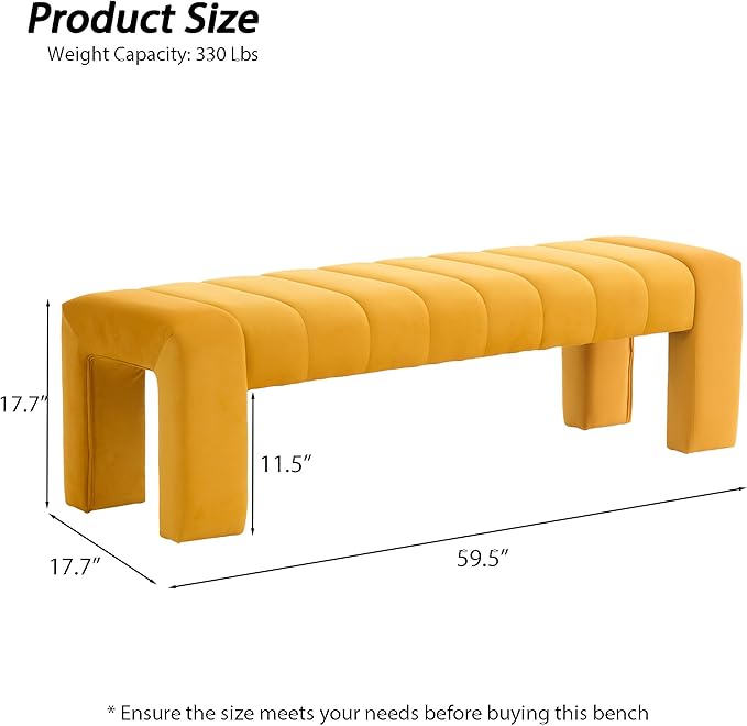 AIITTCC Velvet End of Bed Bench Upholstered Modern 59" Bedroom Bench for King Bed Bench Tufted Window Bench Comfy Long Ottoman for Living Room/Entry/Indoor (Mustard Yellow, 59" Wide)