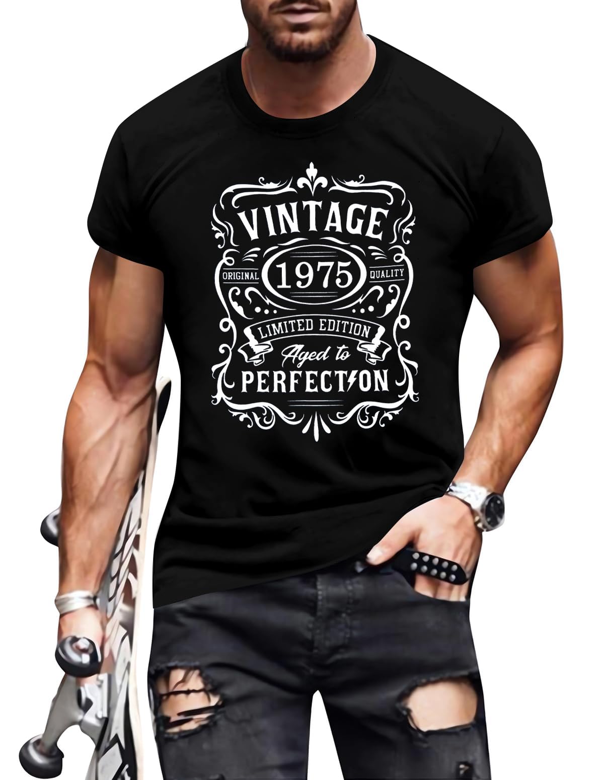 50th Birthday Vintage Shirt for Men：Vintage 1975 Shirt Aged to Perfection Graphic Tee 50th Birthday Gift Black