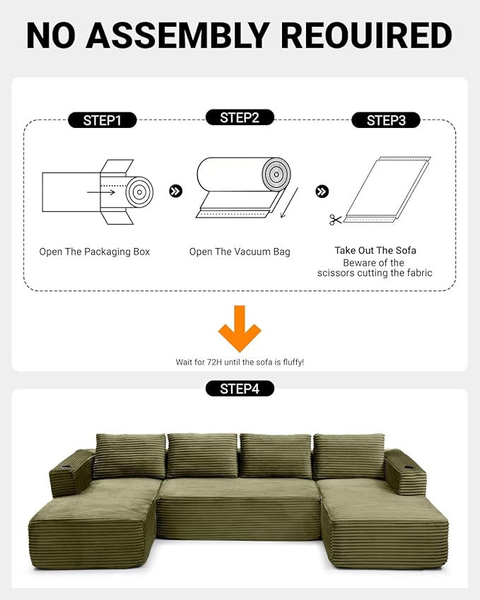 132 Inch Modular Sectional Sleeper Sofa, Boneless Cloud Couch for Living Room, U Shaped 5 Seat Sofa with 2 Cup Holders, Free Combination, No Assembly Required (Green)