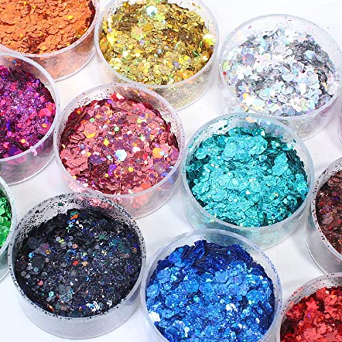 Holographic Chunky Glitter, Set of 12, Licool Craft Glitter for Resin Art Crafts, Cosmetic Glitter for Nail Body Face Eye,...
