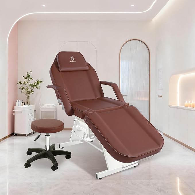 Facial Chair,73 inch Tattoo Chair for Client,3-Section Adjustable Massage Table with Hydraulic Stool, Multipurpose Beauty Beds Salon Equipment for Esthetician, Tattooshop, Spa (Brown)