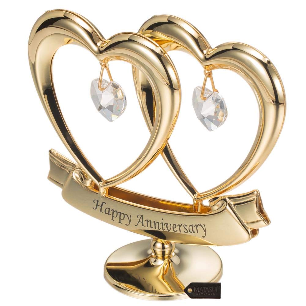 Matashi 24K Gold Plated Anniversary Heart Sculpture with Crystals – Double Heart Statue - Perfect Christmas and Holiday Gift and Premium Quality Cake Topper