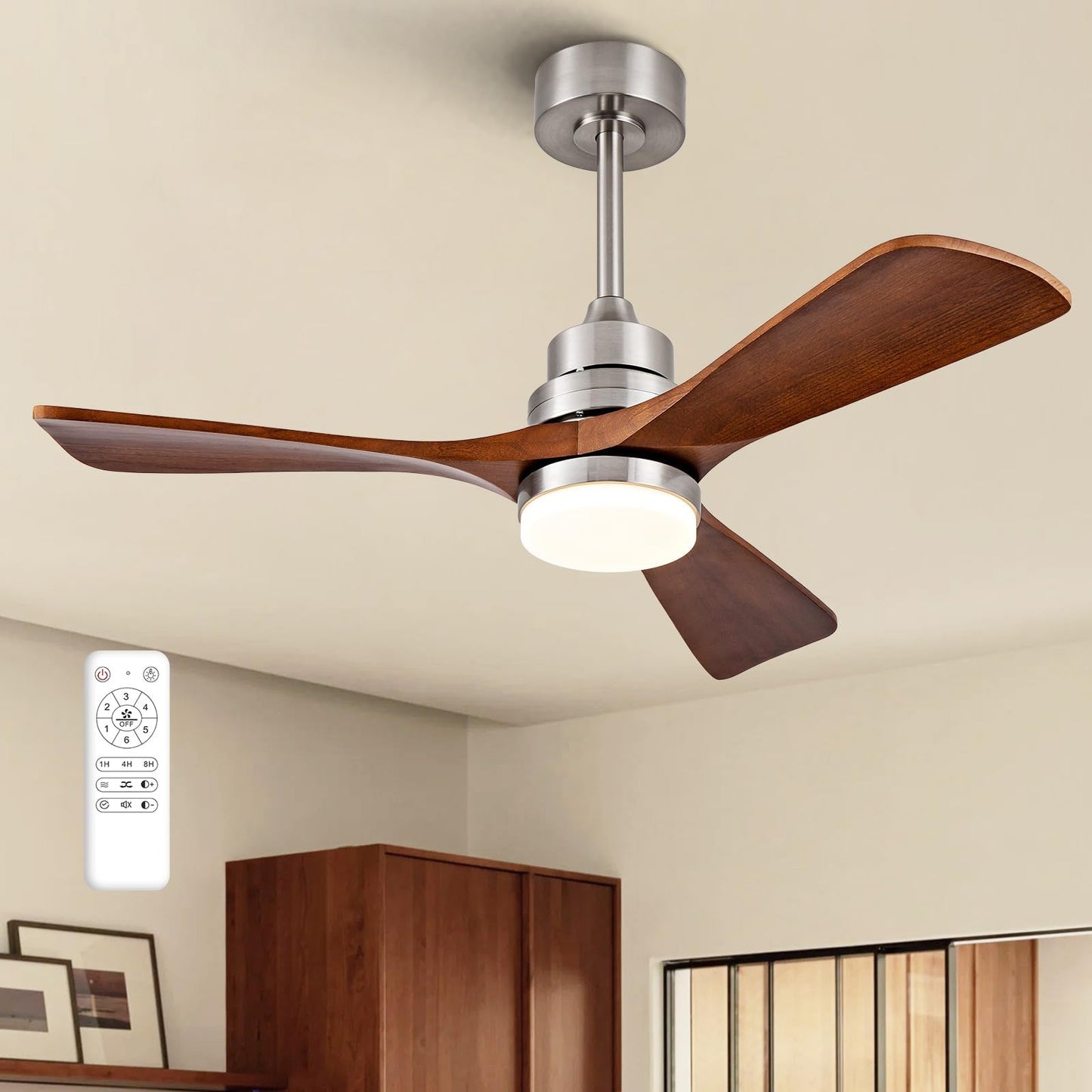 FXZZ 42 Inch Ceiling Fans with Lights, Remote Control, Dimmable, Solid Wood Blades, Power-Off Memory, Quiet DC Motor, Brushed Nickel Modern Ceiling Fan for Farmhouse Living Room Bedroom Outdoor Patio