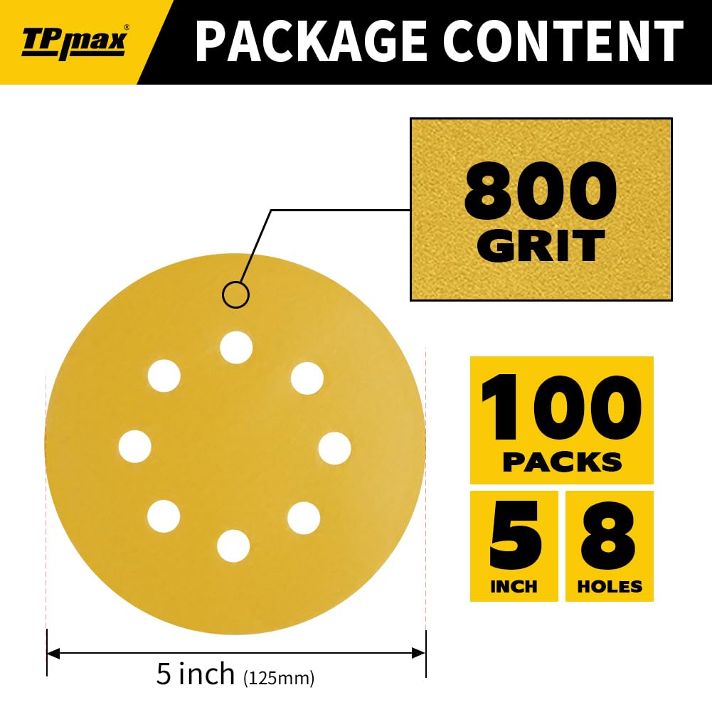 100PCS 5 Inch 800 Grit 125mm 8 Hole Sanding Discs Sandpaper - Premium Gold Round Hook and Loop for Random Orbital Sander - Ideal for Wood, Metal, Automotive