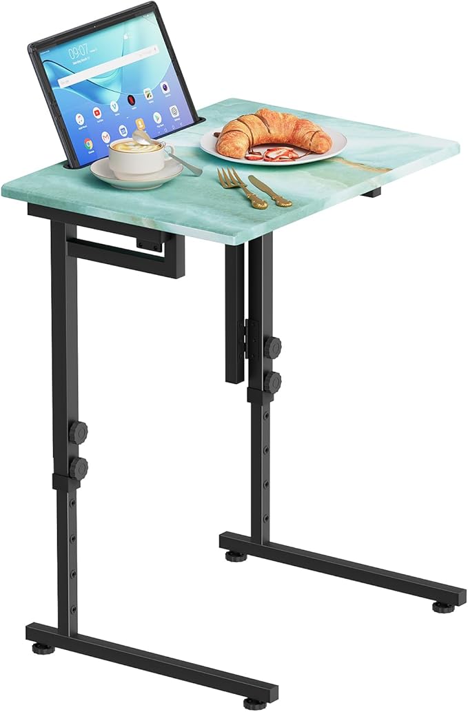Adjustable Height Tv Tray Table,Portable Folding Tv Tray Dinner Snack Trays Table,Small Foldable C-Shaped End Table for Eating,Slide Under Couch Side with Sturdy MDF Top,No Assembly(Sea Blue+Black)