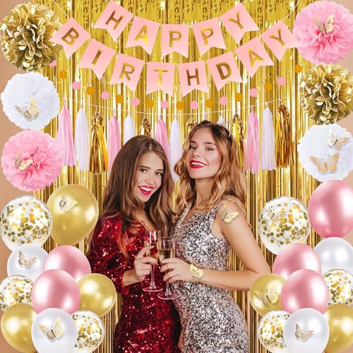 Pink and Gold Birthday Party Decorations for Women with Happy Birthday Banner,Curtains, Butterfly Wall,Circle Dots Garlan...