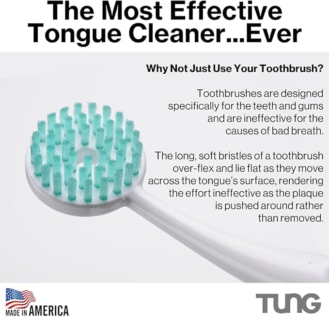 Tung Brush Tongue Cleaner, Plastic Tung Scraper, Tongue Cleaning to Fight Bad Breath, Halitosis Defense, USA Made, 2-Pack w/Cap