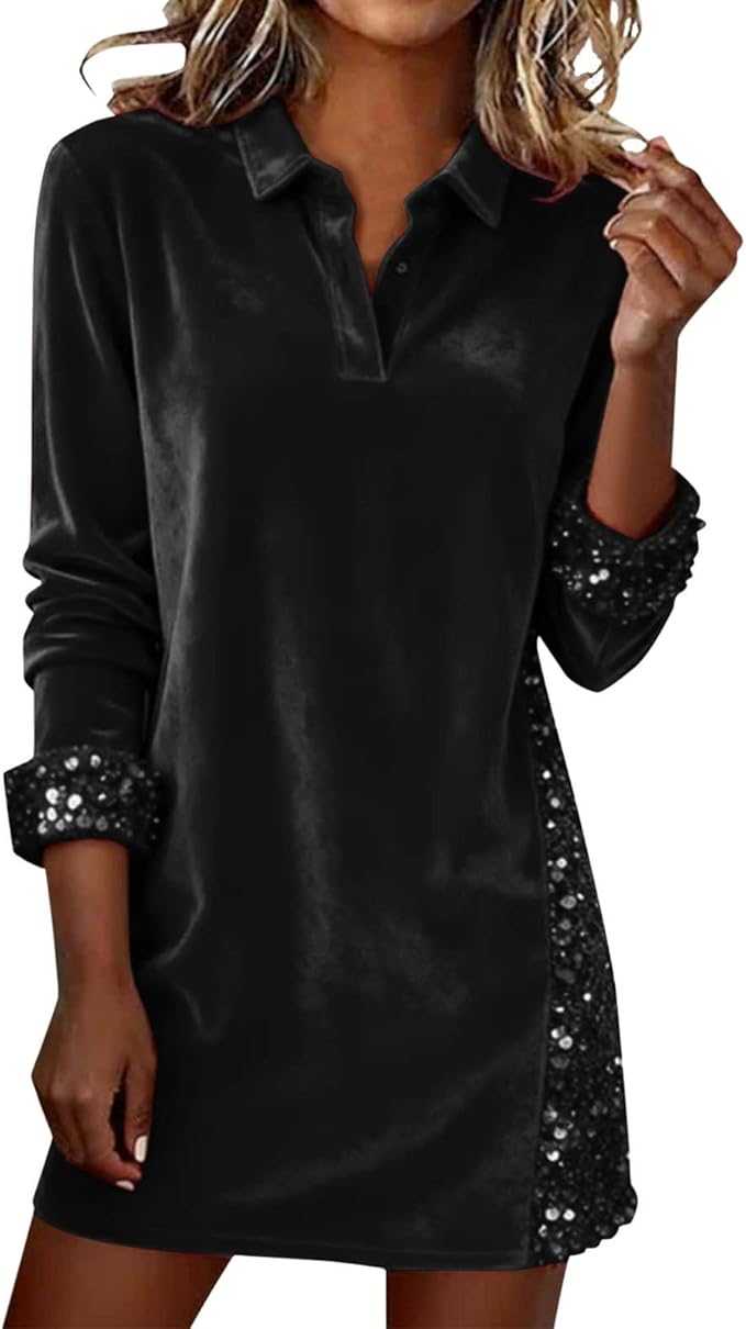 Sequin Dress for Women Long Sleeve Velvet Sparkly Dresses Midi Collared Neck Holiday Party Homecoming Casual