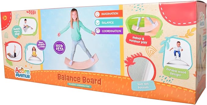 Acorn Avenue Non Slip Balance Board, 35 Inch Non Slip Felt Rocker Board Durable Wood, Kids Toddler Open Ended Learning Toy, Yoga Curvy Board
