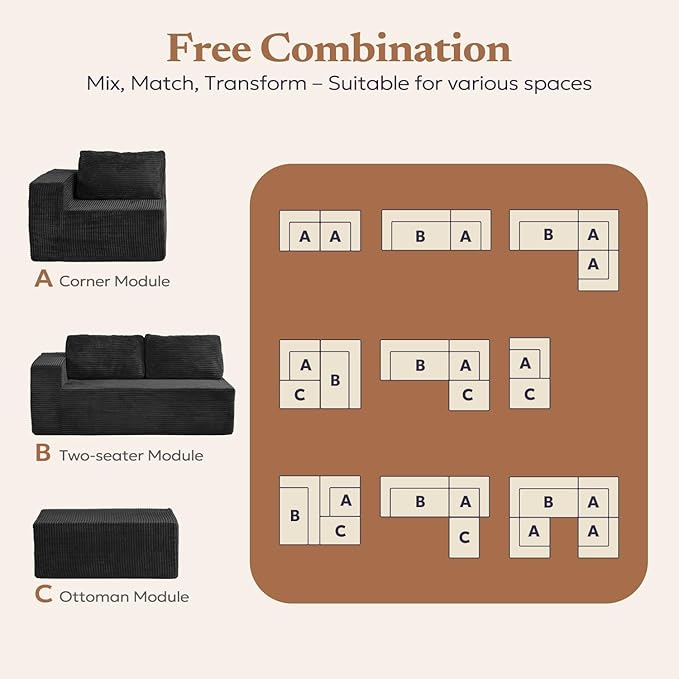 Furnify 40" Memory Foam Couch Footrest, Cloud Modular Sofa with Removable Cover, Upholstered Sofa Ottoman, Upholstered Sofa for Bedroom Living Room, No Assembly Required (Plush Corduroy Fabric, Black)