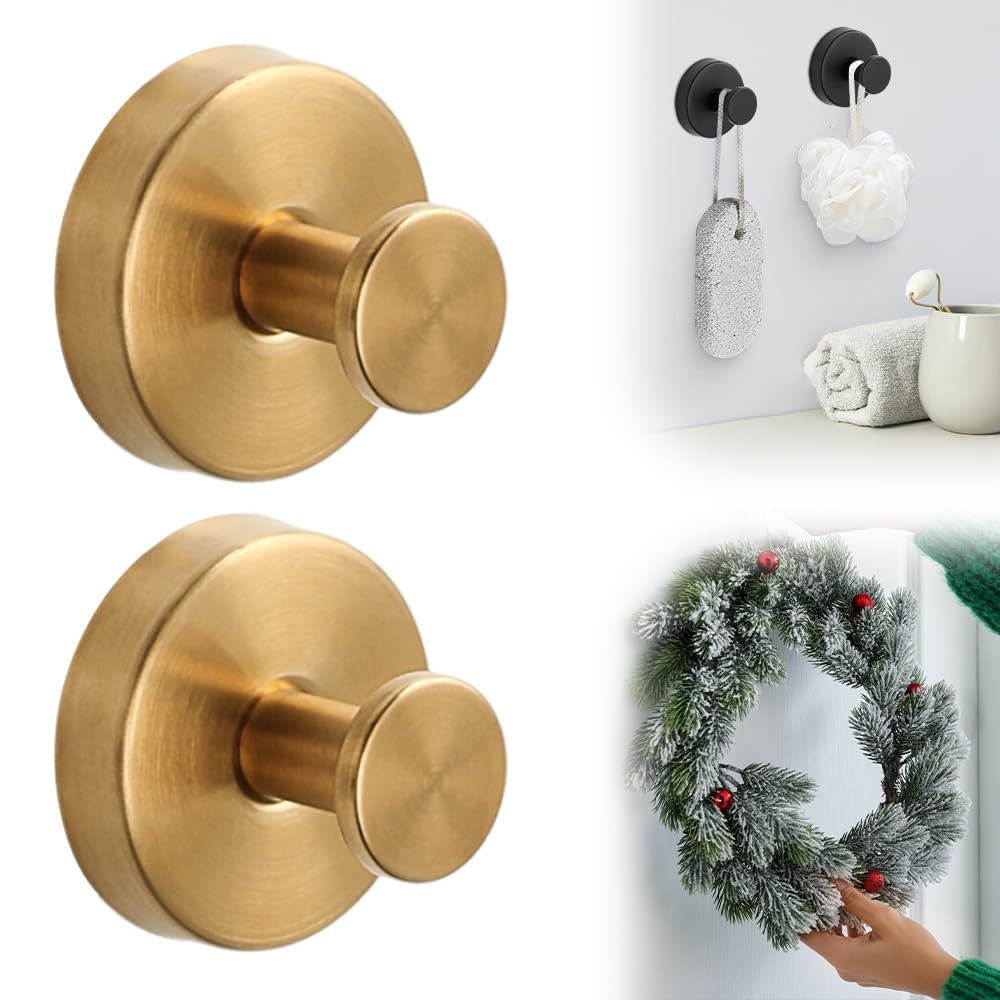 Suction Cup Hooks for Wreaths on Glass, 2025 New No Drill Suction Cup Hooks for Shower Hanging Towels, Suction Cup Wreath Hanger Holder for Glass Window Door Bathroom Mirrors (2, Gold)