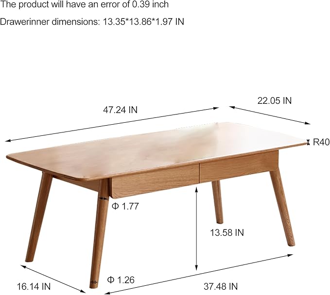 QKFF Solid Wood Coffee Table with Drawers - 100% North American FAS Grade Oak, Traditional Mortise and Tenon Craftsmanship, Low Table for Living Room & Home Office Eco-Friendly Finish