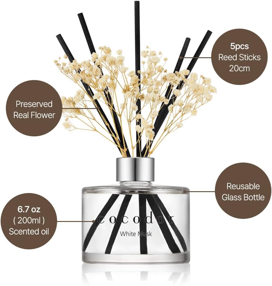 COCODOR Preserved Real Flower Reed Diffuser/Refreshing Air / 6.7oz(200ml) / 1 Pack/Reed Diffuser Set, Oil Diffuser & Reed Diffuser Sticks, Home Décor&Office Decor, Fragrance and Gifts