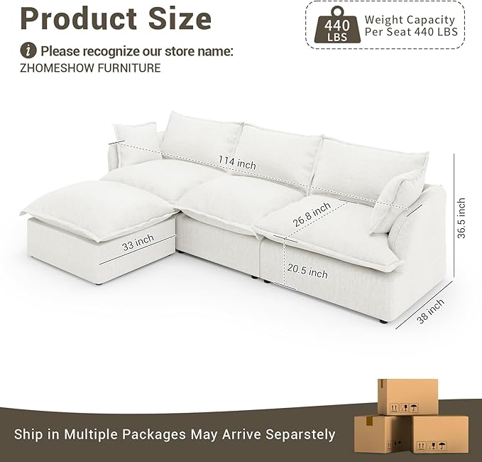 Lopzeho 114” Oversized Modular Sectional Sofa, Comfy Down Fill Cloud Couch with Washable Cover, L Shaped 3 Seater Modular Couch with Ottoman, Convertible Sectional Couches for Living Room, Cream White
