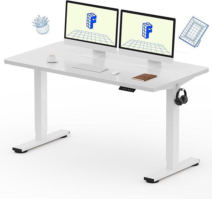 FLEXISPOT EN1 One-Piece Standing Desk with 1-Inch Thick Desktop, 55"x28" Electric Height Adjustable Desk for Home Office & Multi-Device Workstations, White(White Frame)