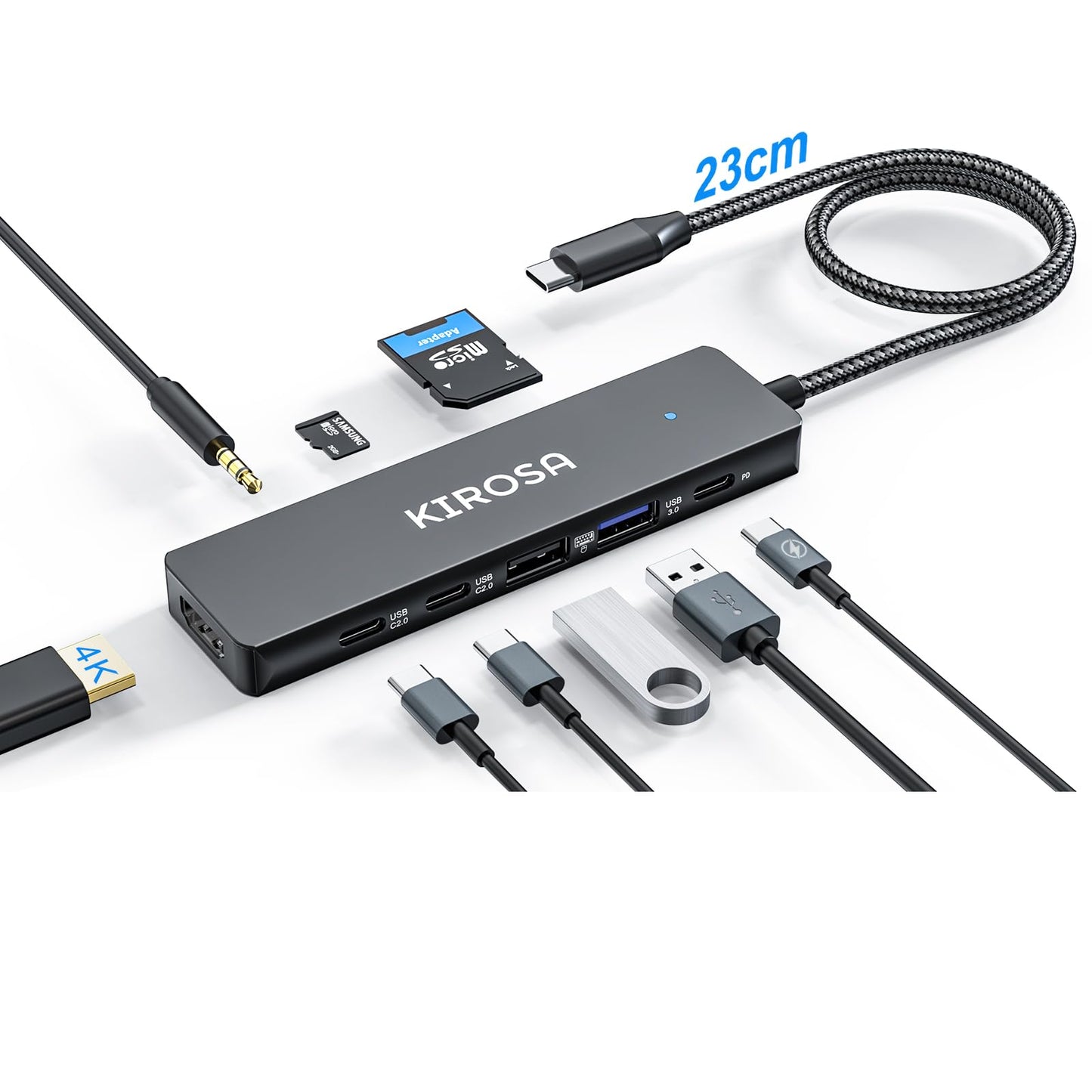 Kirosa Usb-C Hub, 5 Ports Usb 3.0, 4K Hdmi, Displayport, Usb Type-C Adapter