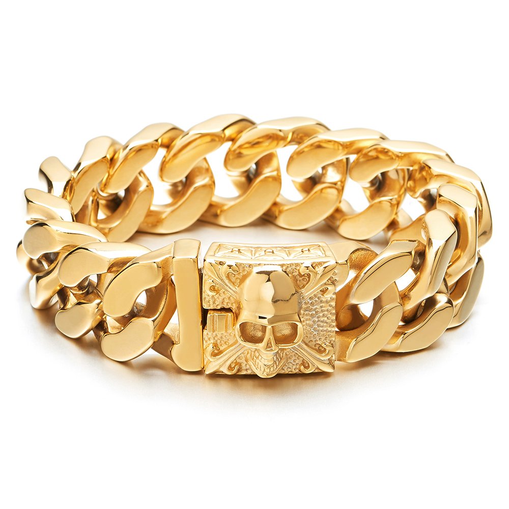 COOLSTEELANDBEYOND Mens Large Stainless Steel Gold Curb Chain Bracelet with Fleur De Lis and Skull, Biker Gothic, Polished
