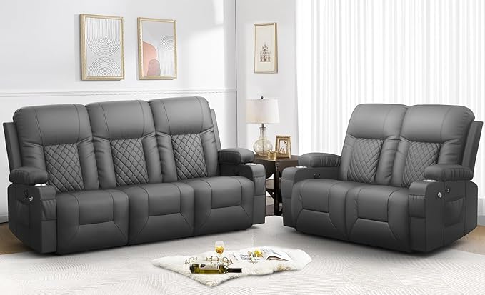 FURNIMAT Oversized Recliner Sofa Set with 2+3 Pieces in Living Room, PU Leather Loveseat Recliner Couch, Modern 3 Seats Dual Reclining Sofa with Cup Holder and 2 Cell Phone Holder, USB Ports, Gray