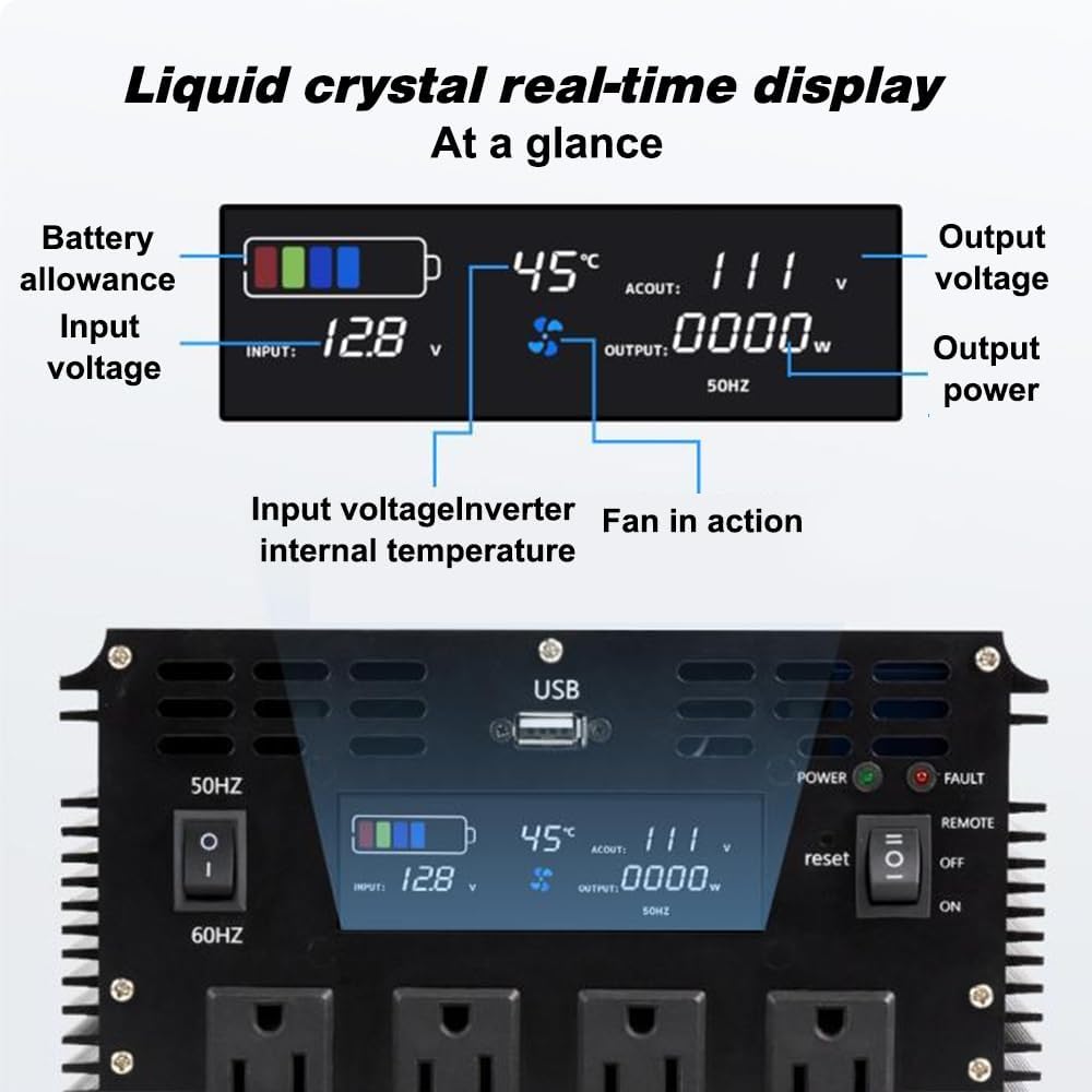 Sunivora 5000 Watt Pure Sine Wave Power Inverter With Lcd 12V Dc To 110V/120V Ac Peak Power 10000W Car Power Inverter With 4 Ac