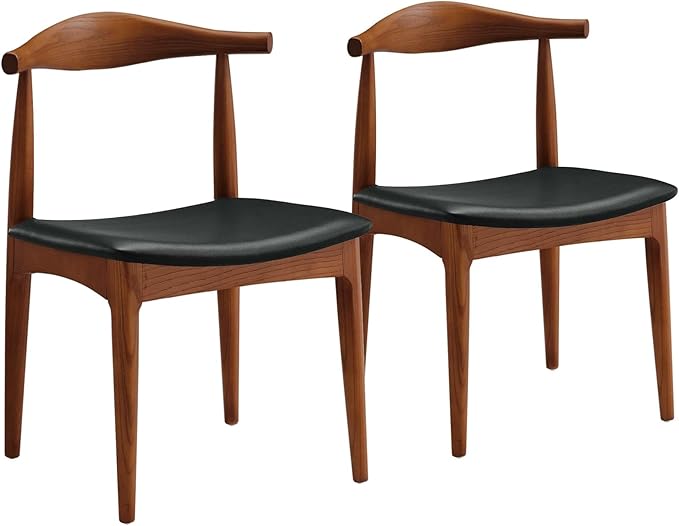 Ytaoka Solid Wood Dining Chairs Set of 2, Mid Century Dining Chairs, Upholstered PU Leather Chairs with Wide Curved Backrest, Chairs for Dining Room, Kitchen, Walnut Finish