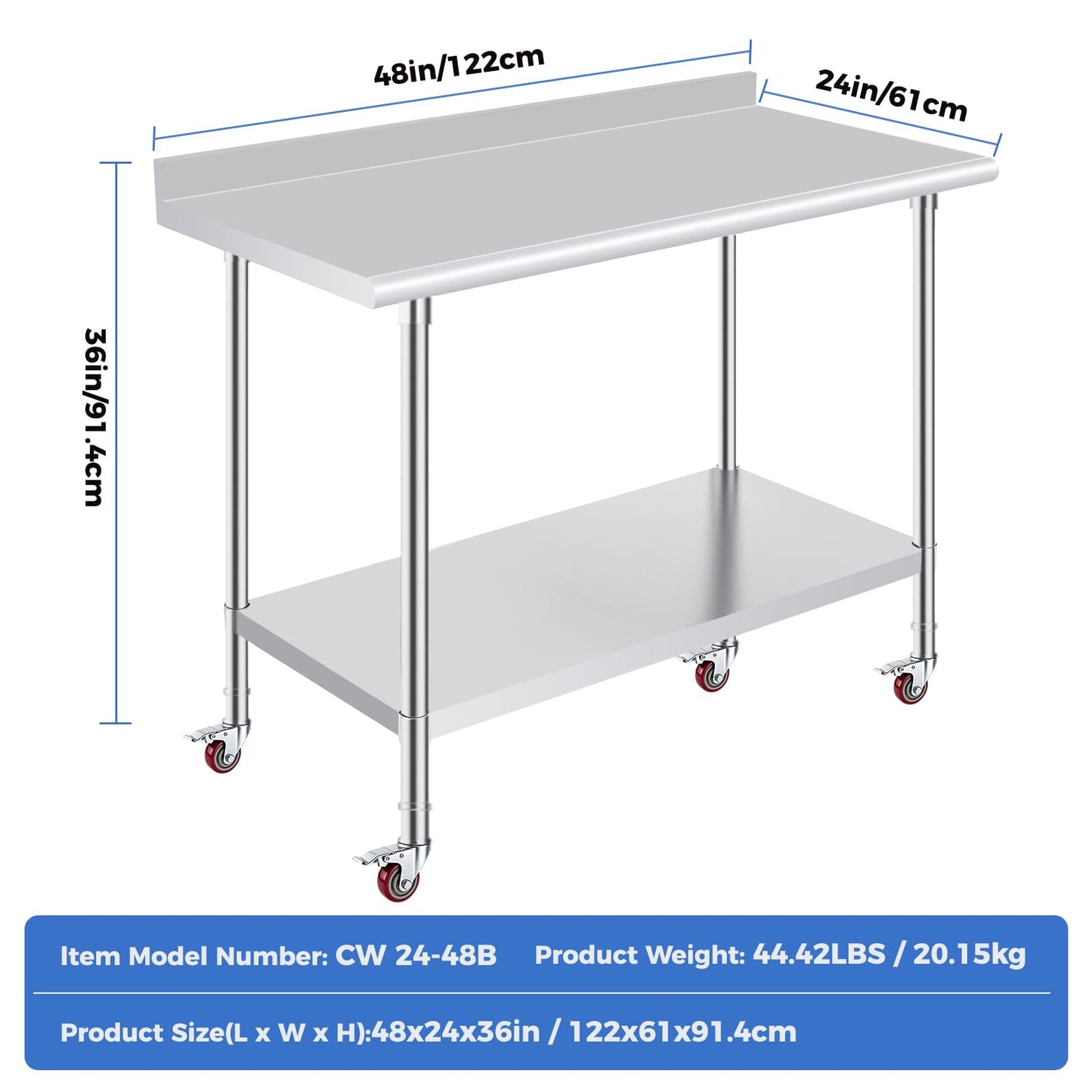 OSTBA Stainless Steel Table for Prep & Work 24x48 Inches with Casters Wheels and Backsplash, NSF Metal Commercial Heavy Duty Table with Adjustable Undershelf for Restaurant Kitchen Home and Hotel