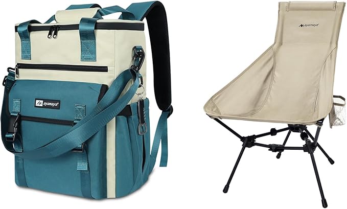 ayamaya Ultralight Chair + Backpack Cooler, High Back Aluminum Widen Frame Structure Folding Chair wigh Side Pocket, Blue ...