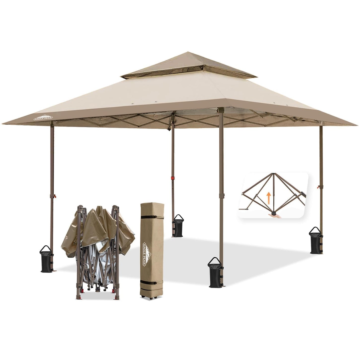 EAGLE PEAK 13x13 Straight Leg Pop Up Canopy Tent Instant Outdoor Canopy Easy Single Person Set up Folding Shelter w/Auto Extending Eaves 169 Square Feet of Shade (Beige)