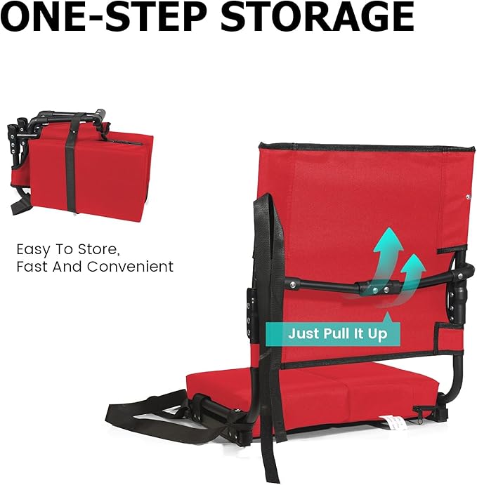 behairity Portable Stadium Seat for Bleachers with Back Support, Wide Padded Bleacher Chair with High Back and Thick Cushion for Adults, Folding Stadium Chair for Football Sports Events (Red)