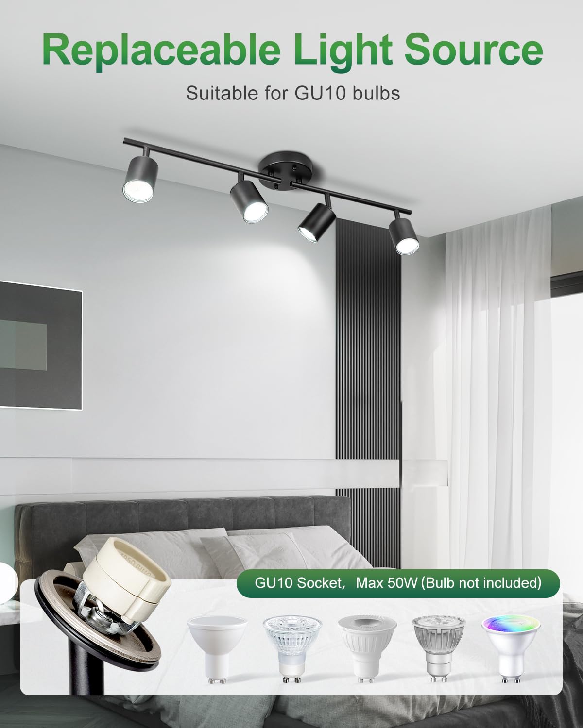 Fondiiz 4 Ways Track Lighting, Rotatable Heads Tracks Light, Track Lightings Fixtures Ceiling with Foldable Arms, Modern Black Tracks Light for Kitchen, Living Room, Hallway(Bulbs Not Included)