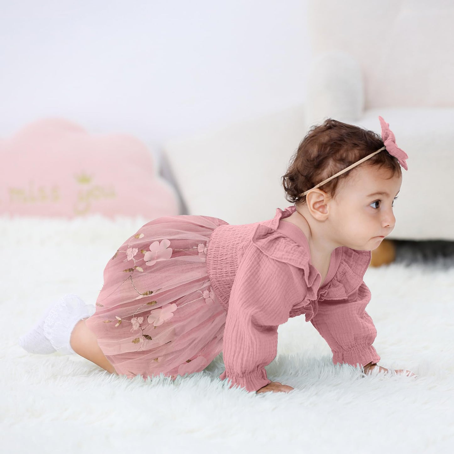 TITKKOP Baby Girl 1st Birthday Clothes One Year Old Tulle Romper Long Sleeve Bodysuit Cake Smash Outfits(rose pink,12-18M)