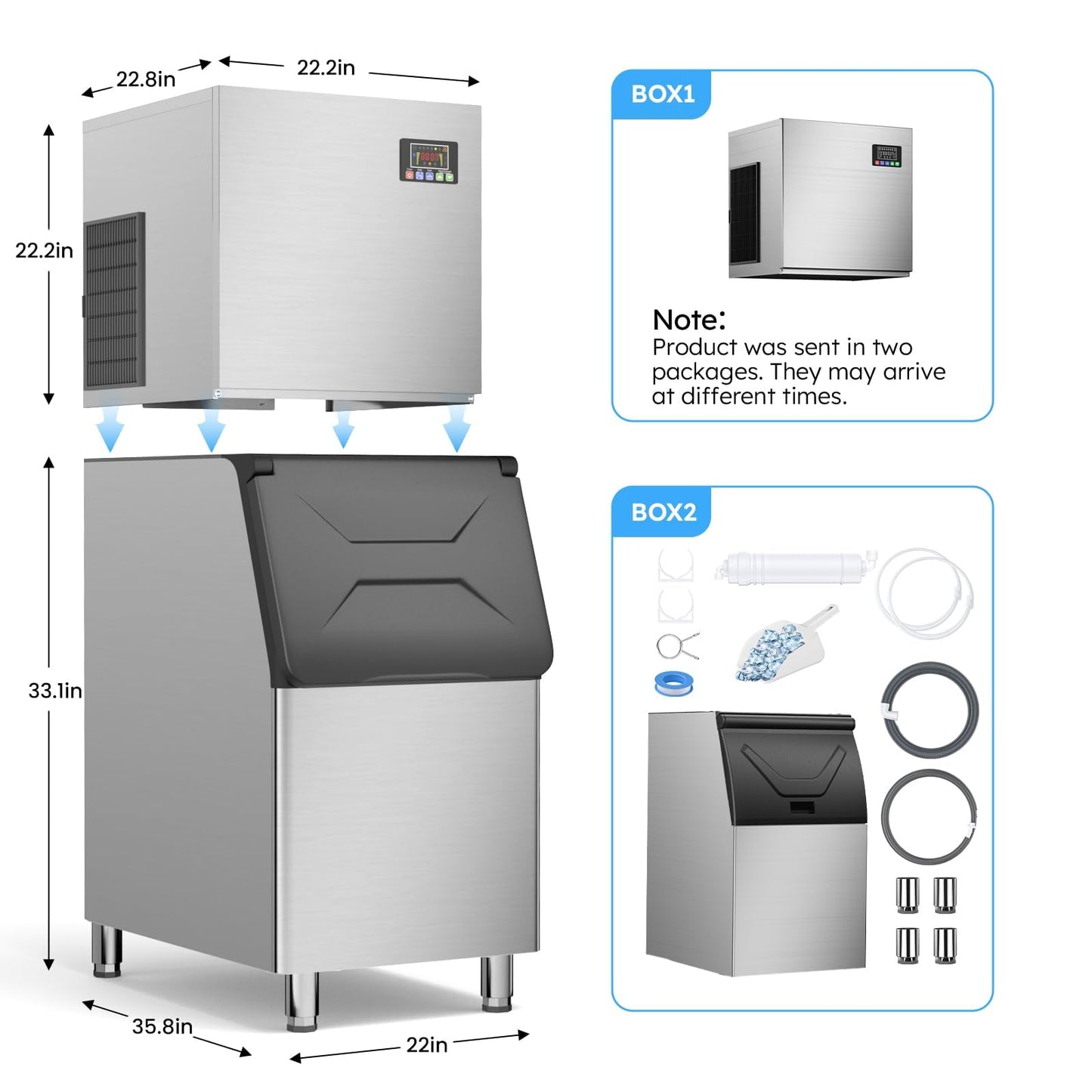 Commercial Ice Machine 760LBS/24H,Storage 650LBS,Large Industrial Ice Maker,Ice Ready in 5-15min,with Self-Cleaning Mode,with Timing Function,30 Levels of Ice Thickness Adjustment,Stainless Steel