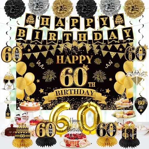 Eucutur 42PCS 60th Birthday Decoration Kit for Men Women, Black Gold Happy 60th Bday Banner Balloons Honeycomb Centerpiece...
