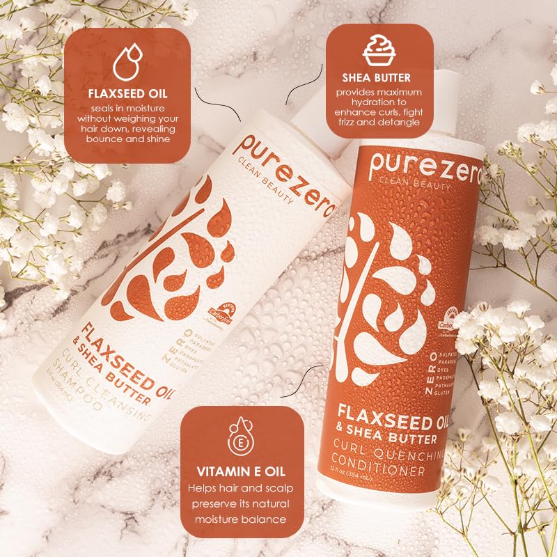 Purezero Flaxseed Oil & Shea Butter Shampoo and Conditioner Set - Curl Care - For Curly Hair Detangle & Defrizz - Zero Sulfates/