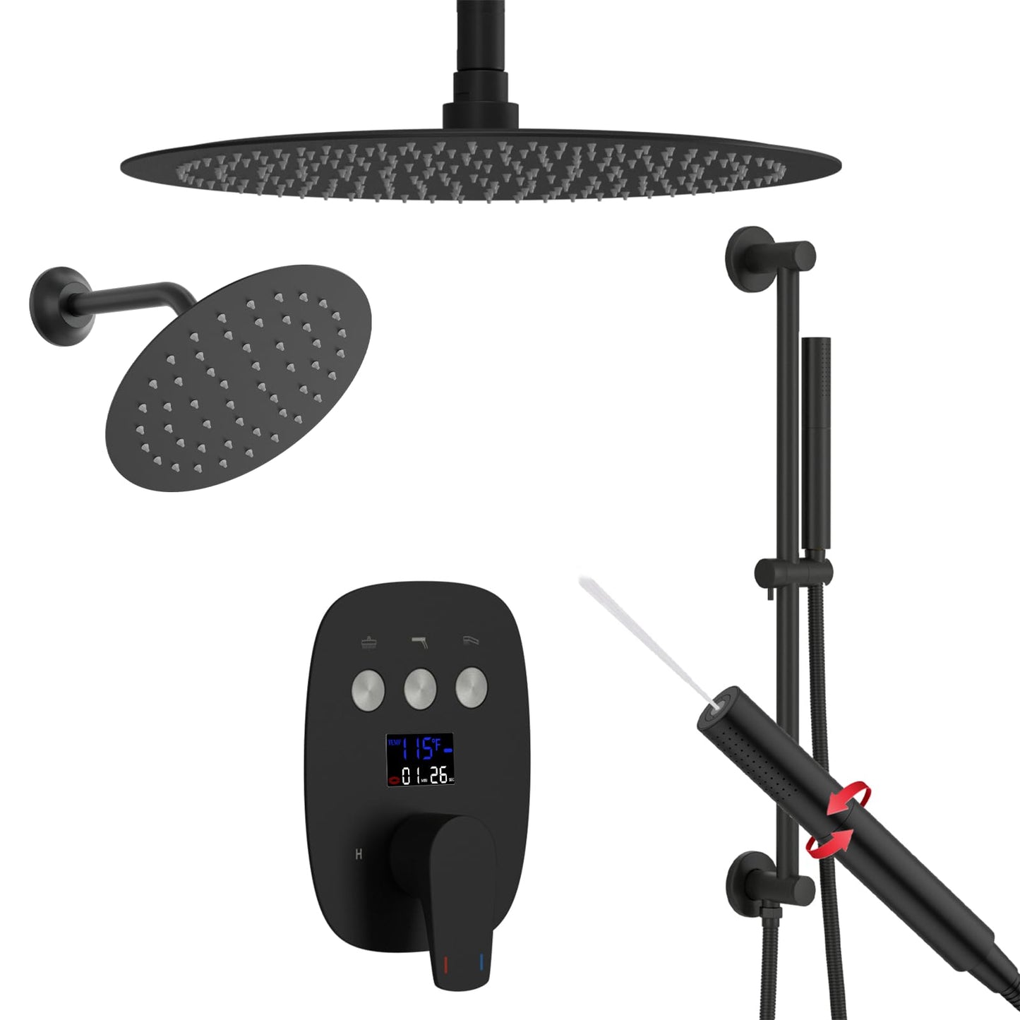 HONGTONGSOWER Shower Faucet Set Matte Black Shower System Temperature Display Diverter Shower Valve and 2 in 1 Handheld with Slide Bar, 12 Inch Ceiling Shower Head with 8 Inch Wall Mount Shower Head