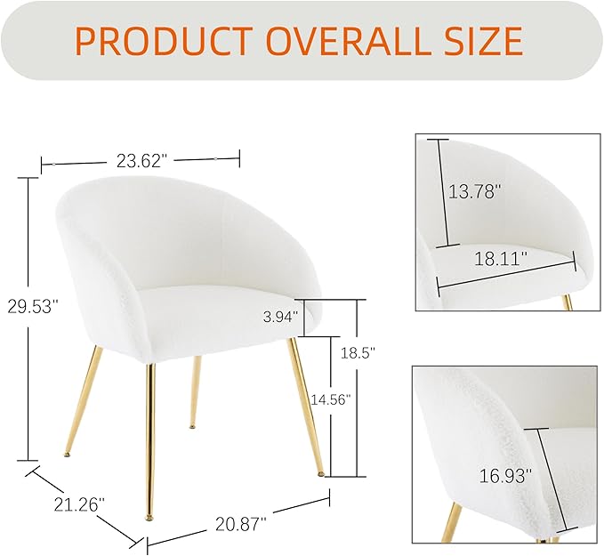 YDcosyfy Modern Small Accent Chair Set of 4, Comfy Sherpa Makeup Vanity Chair with Golden Metal Legs, Decorative Dining Chair no Wheels for Living Room, Dressing Room, Bedroom, White