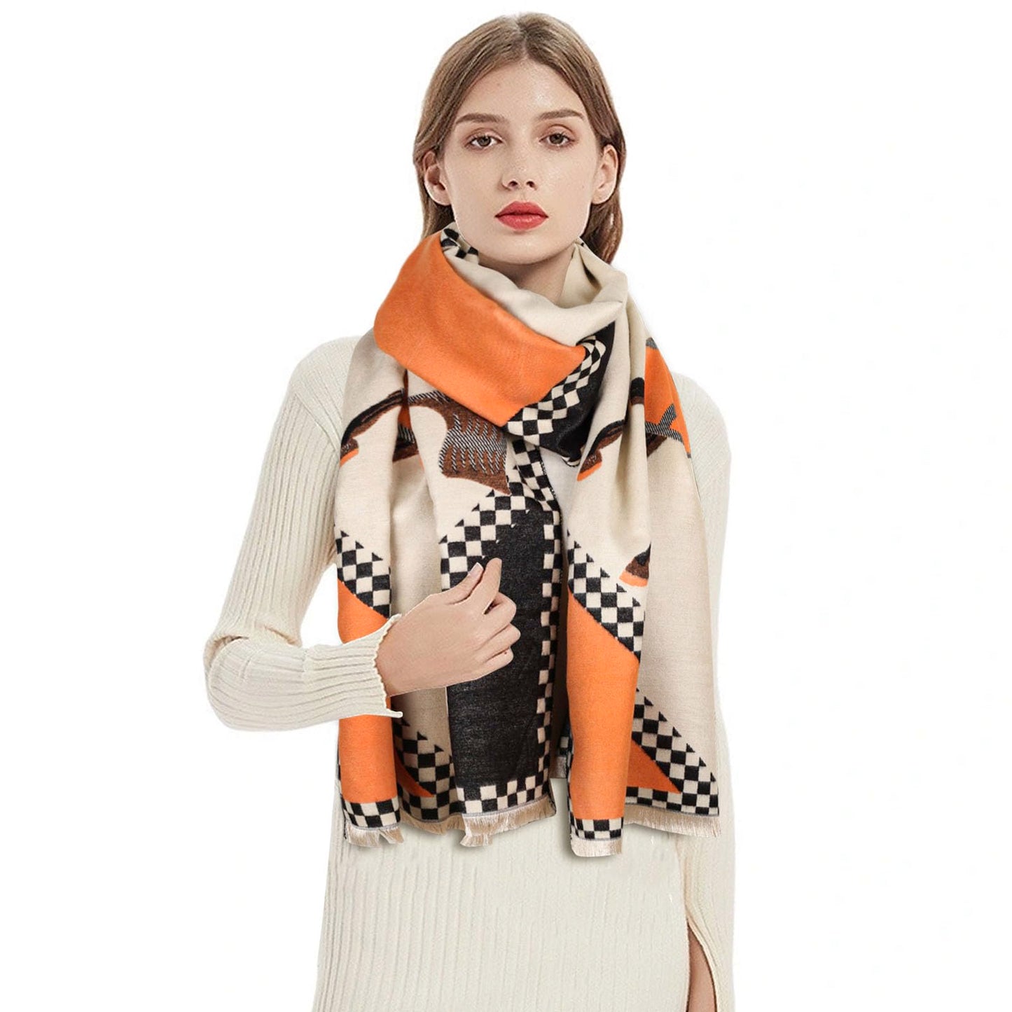 Aurolran Scarfs for Women Pashmina Silky Shawl Wrap for Evening Dressing Blanket Open Front Poncho Cape (SCF001-Beige-orange-horse)