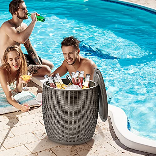 Safstar Outdoor Cooler Table, 9.5 Gallon Ice Cool Table w/Top Lid, Side Handle, Drainage Plug, Weather-Resistant Wicker Ra...