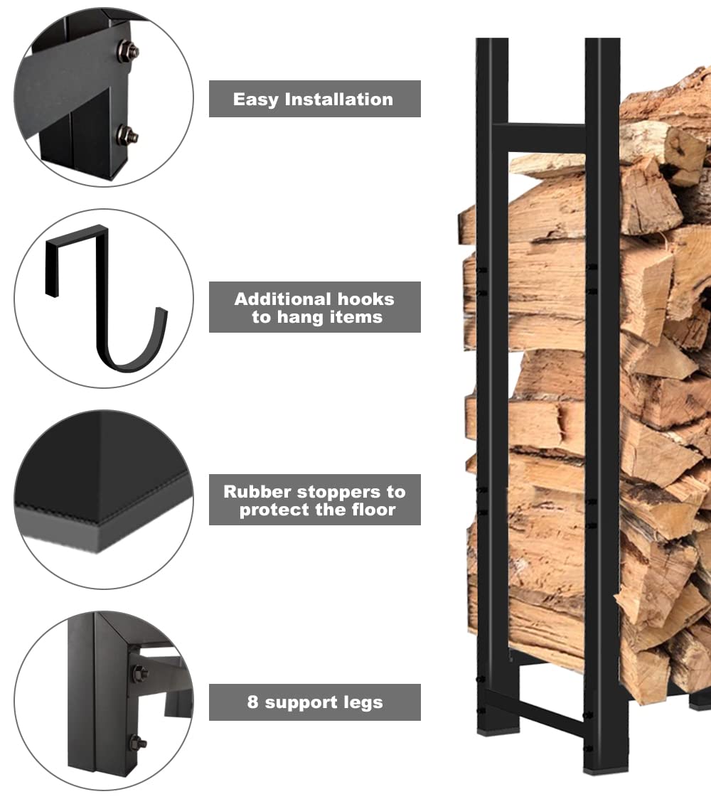 Khordin 4ft Firewood Rack Adjustable Heavy Duty Fire Wood Stand Holder for Outdoor Indoor Fireplace Log Storage, Metal Lumber Stacker Organizer, Black