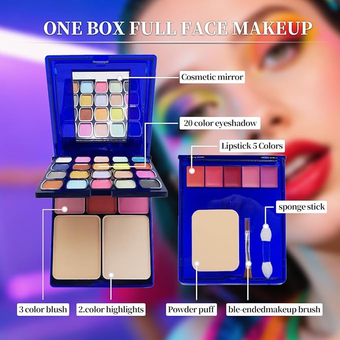 Badhare Eyeshadow Lipstick Blusher Makeup Box 20 Color Eyeshadow Palette 5 Lipstick 5 Blusher Set Full Face Makeup Kit with Cosmetic Mirror,Blush, Highlighter, Brushes & Sponge Personal Makeup Set